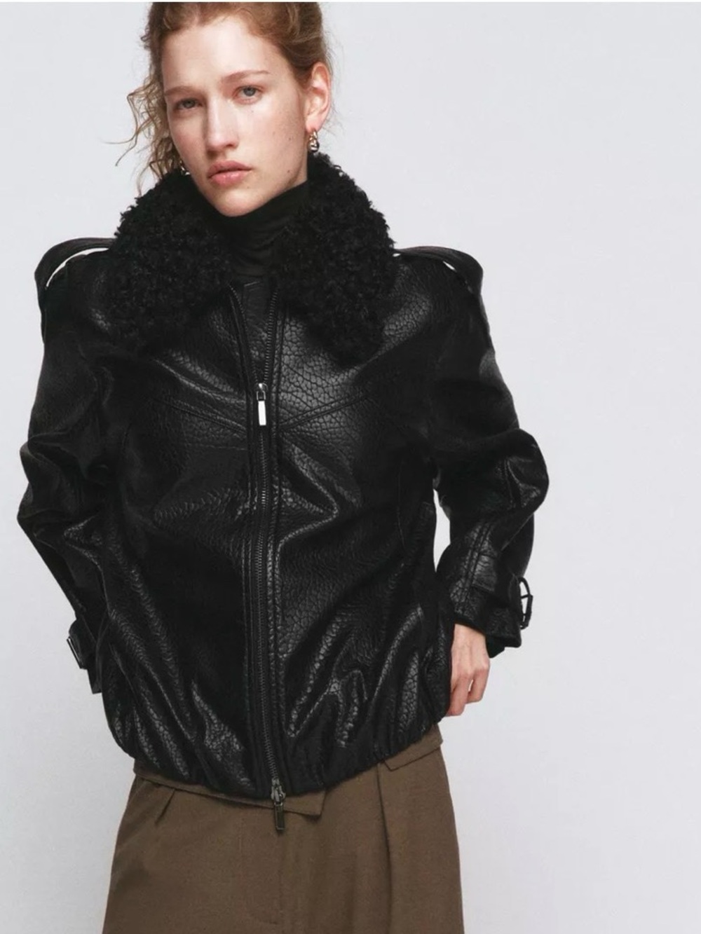 ZARA NWT - ZW COLLECTION FAUX LEATHER BOMBER JACKET Shearling Collar - BLACK